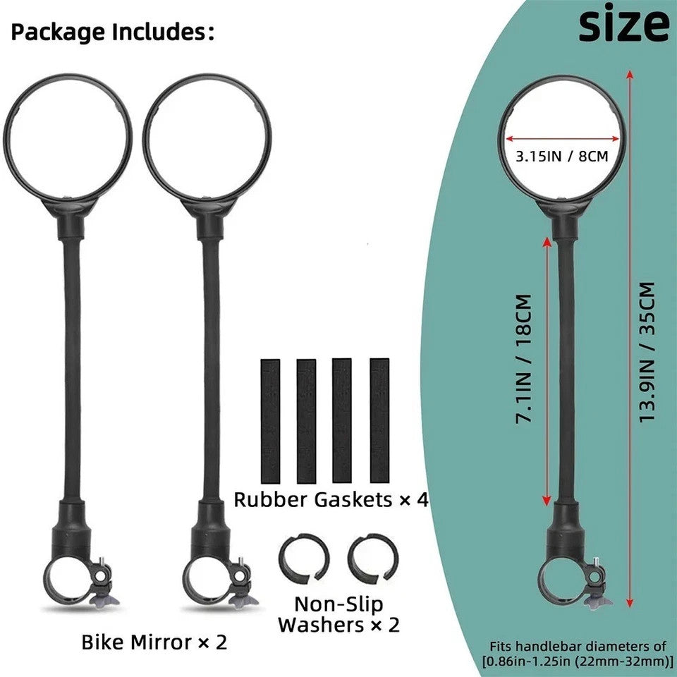 Bike Handlebar Mirror 2 Pack - Adjustable Rotatable Wide Angle Rear View