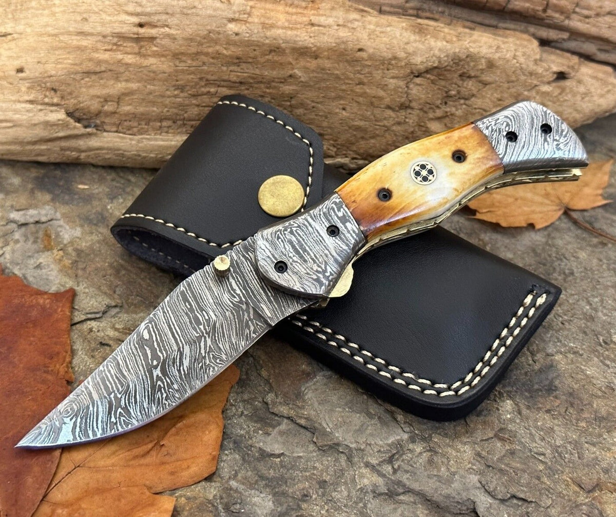 Damascus Folding Pocket Knife with Small Defects Handmade, Multiple Variants