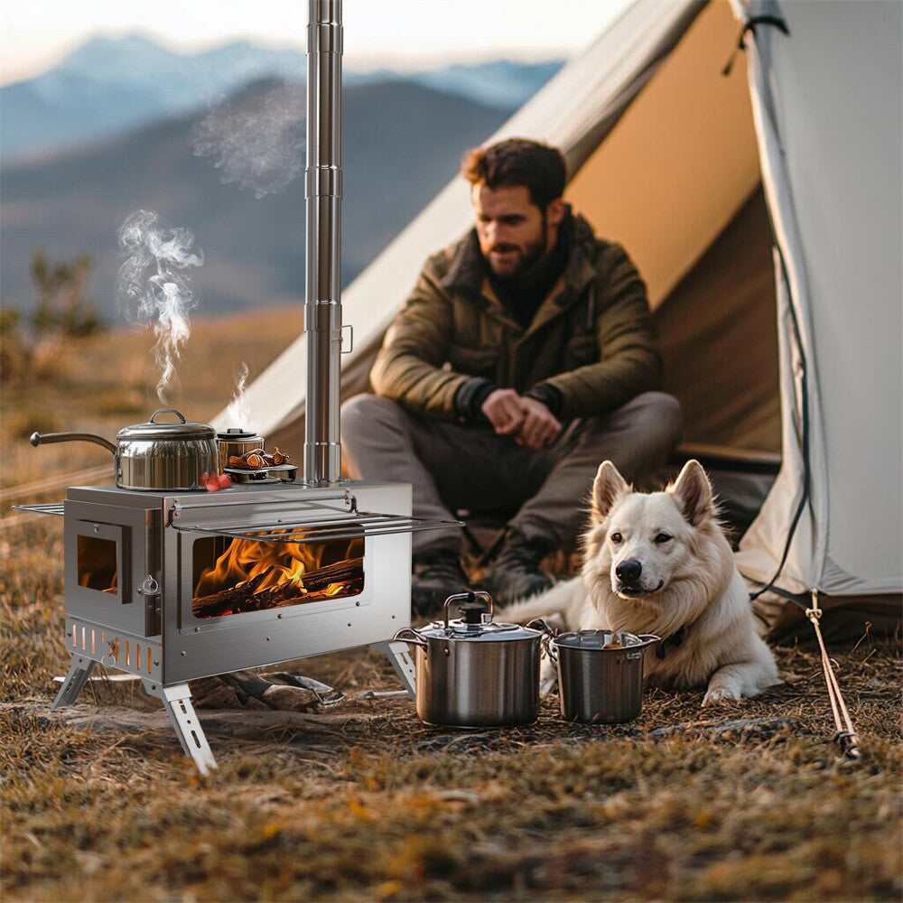 Portable Camping Wood Stove with Chimney Pipes, Tools, Bag & Ground Stakes