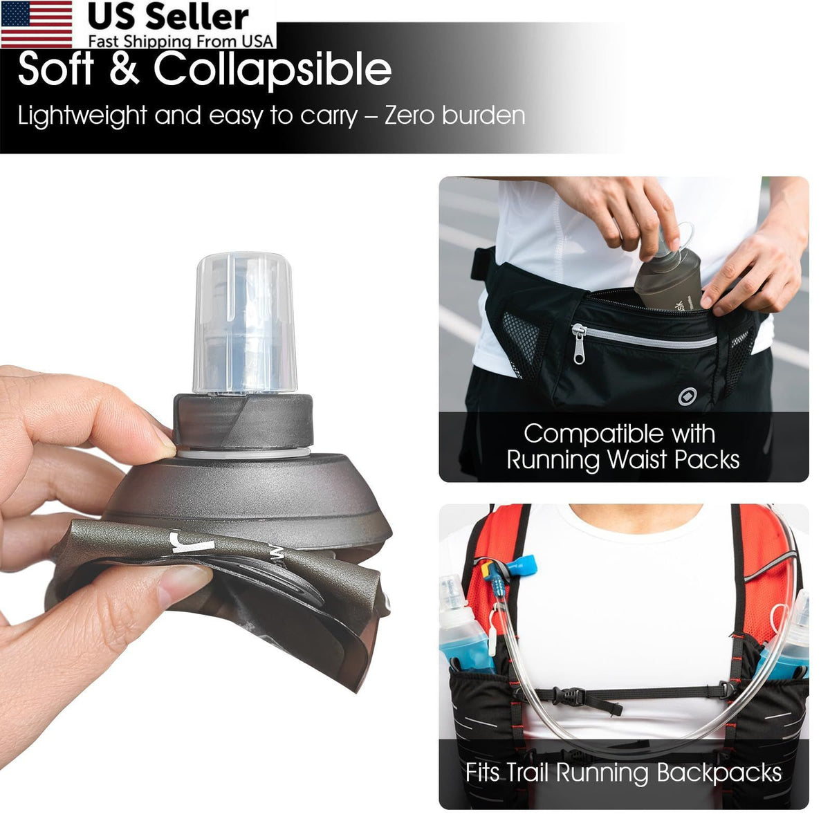 Collapsible Water Bottle 8.5oz Squeezable Soft Flask for Hiking & Running
