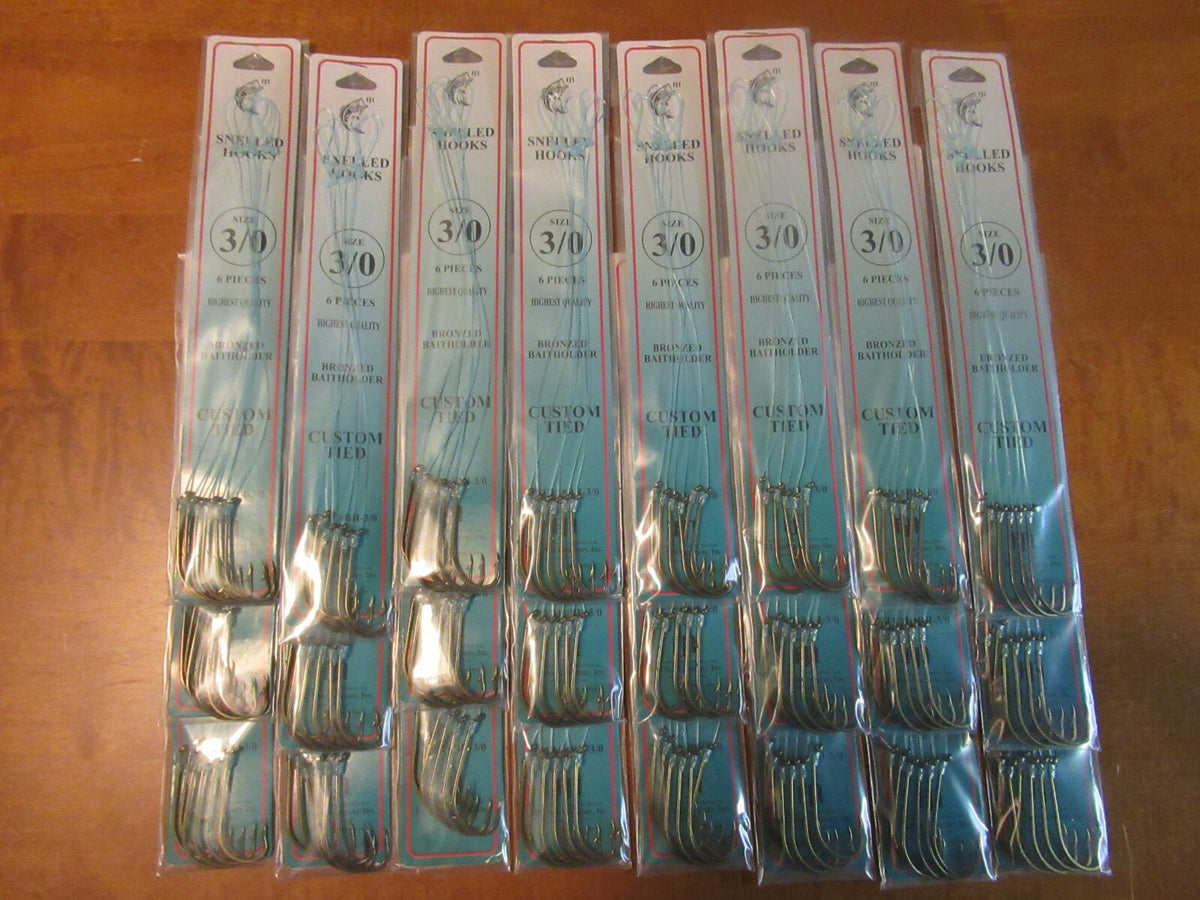 144 Snellled Fish Hooks in Assorted Sizes - Bronze Bait Holder Hooks, 6 Pack