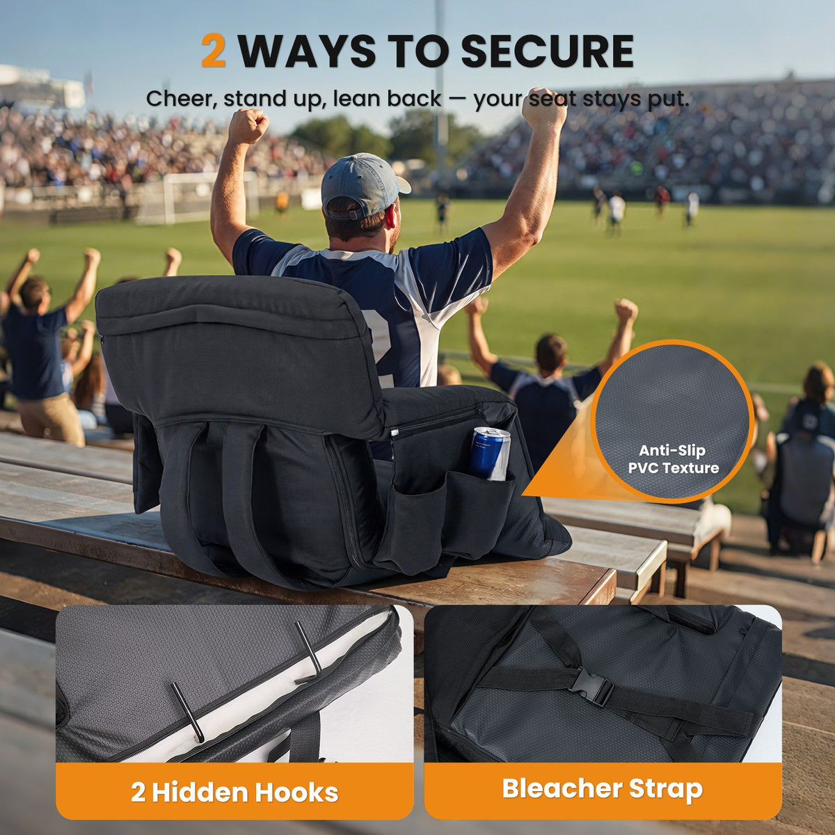 Adjustable Stadium Seat Cushion with Back Support for Bleachers - Multiple Sizes