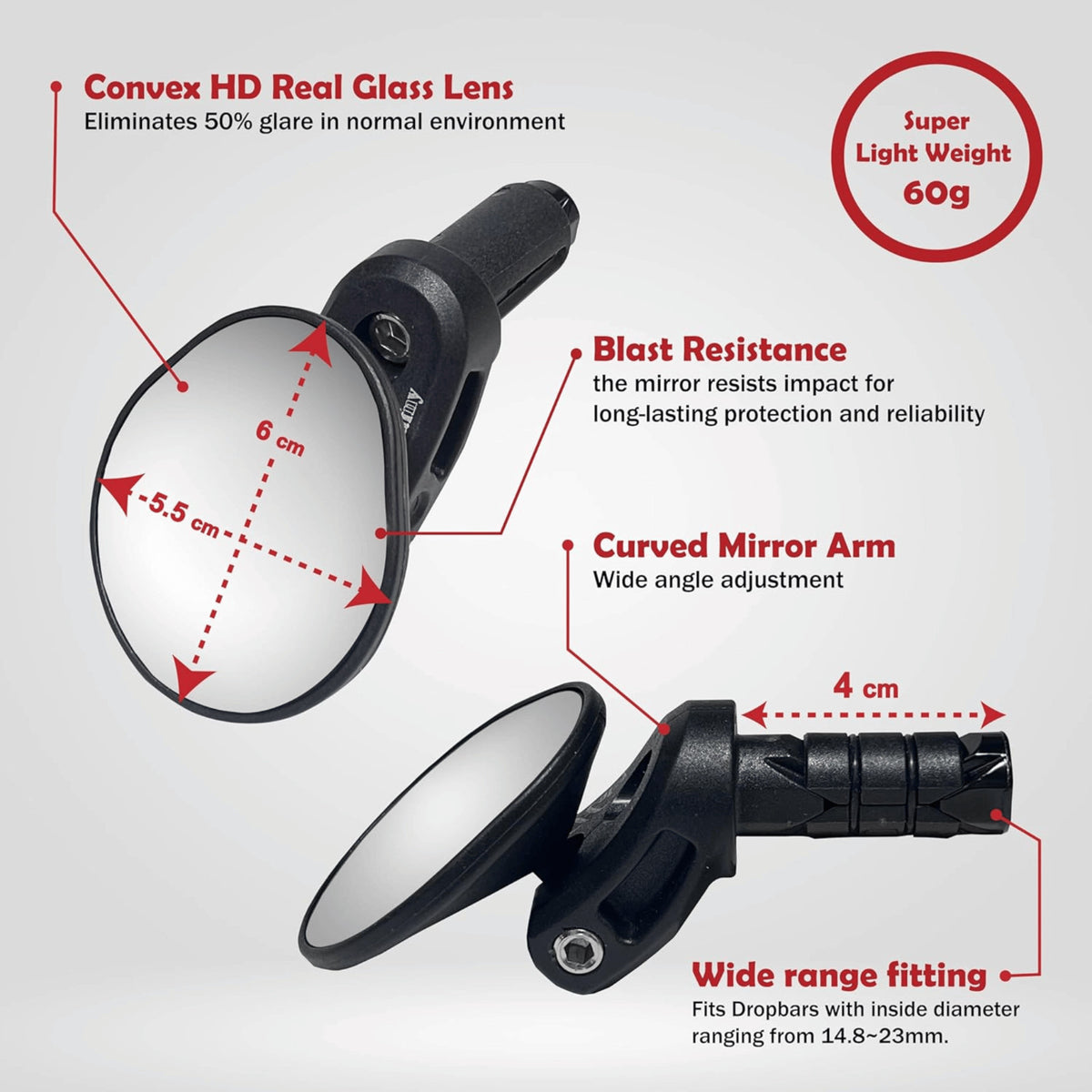 Drop Bar End Mirror Handlebar Bike Mirror Convex Glass 16-24mm