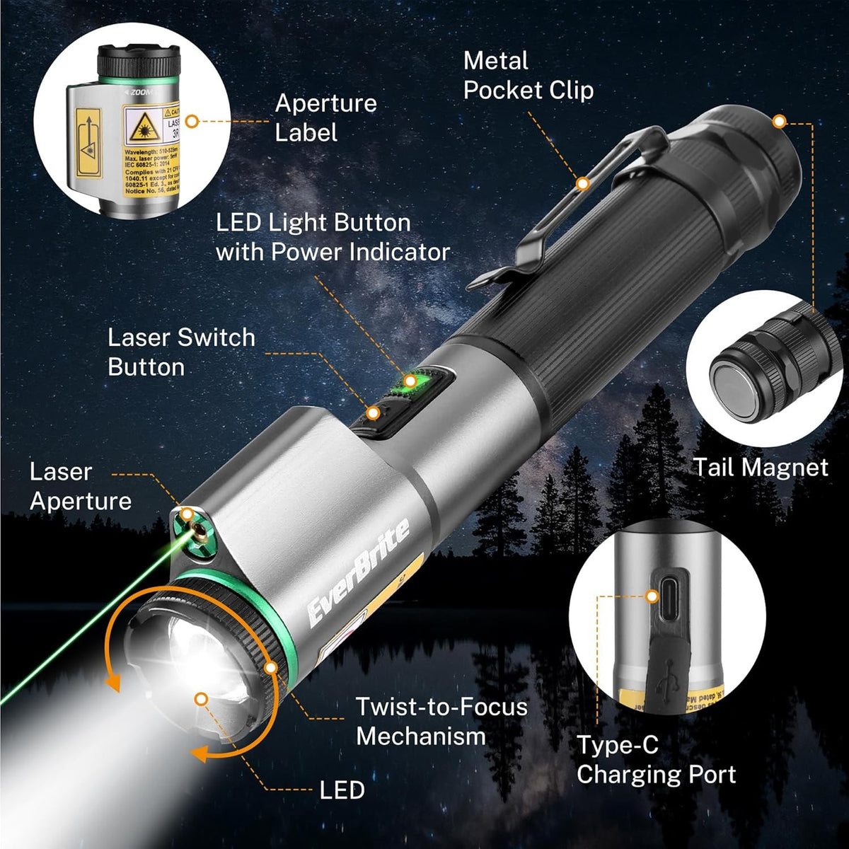 USB-C Rechargeable LED Flashlight with Green Laser Pointer, 500 Lumens, Magnetic & Zoomable Worklight