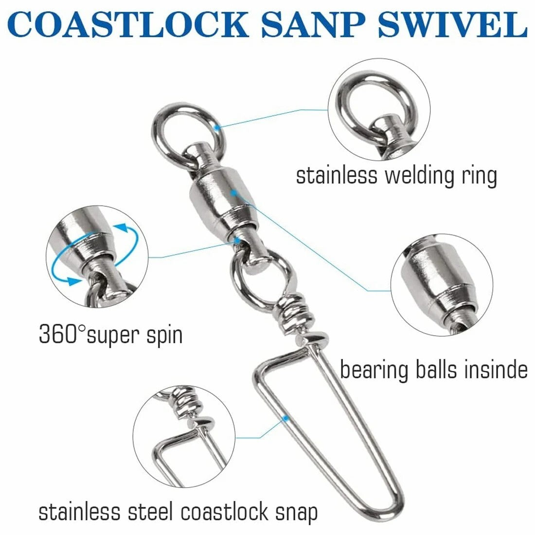 50PCS Ball Bearing Swivel with Lock Snap Fishing Tackle Connectors - Saltwater & Freshwater Use