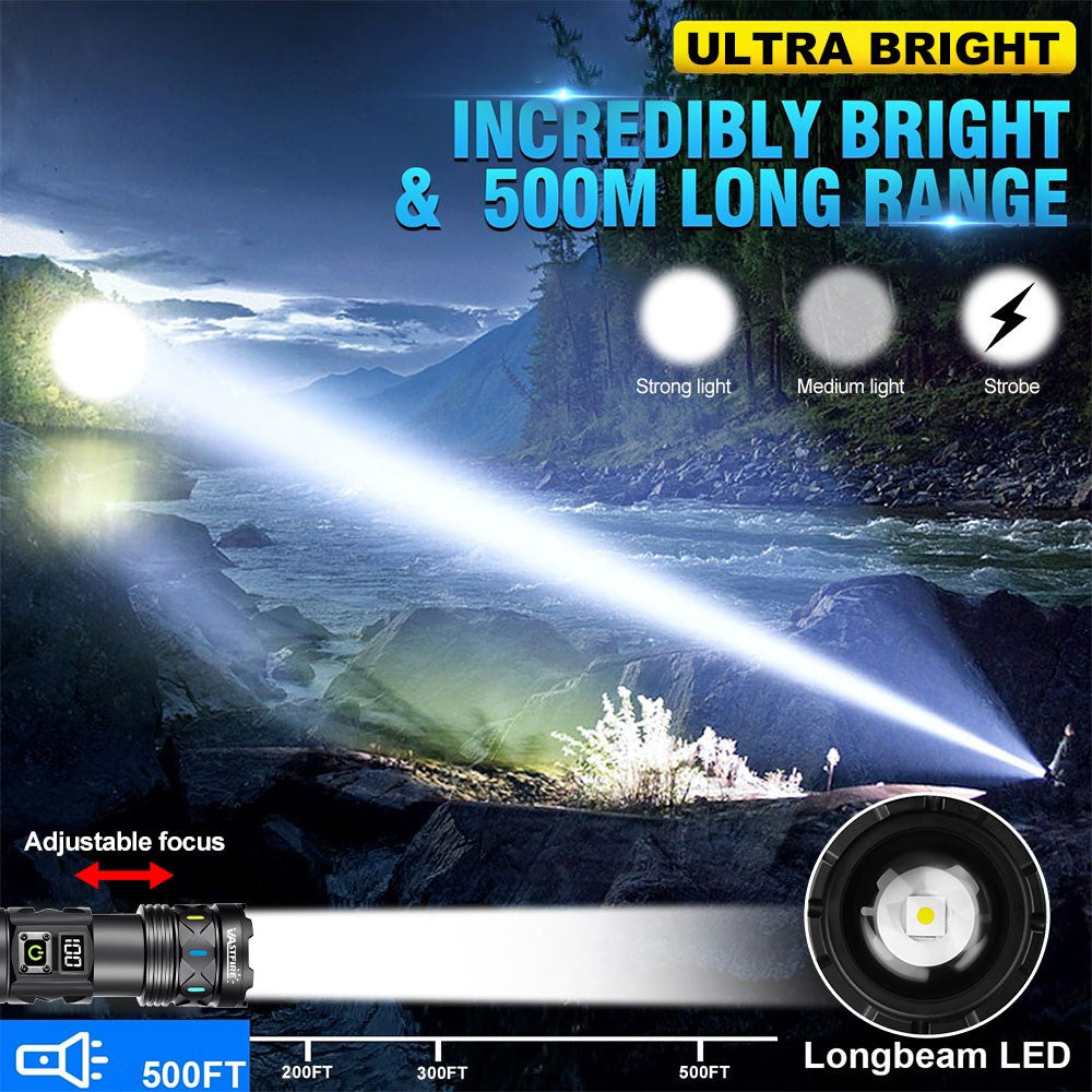 50W High Power Laser White LED Flashlight with Telescopic Zoom & Type-C USB Charging