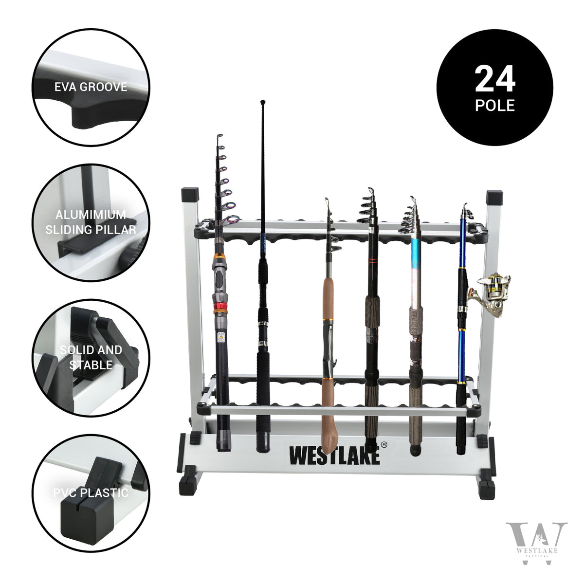24 Rod Fishing Pole Holder Aluminum Alloy Stand Rack Storage Portable