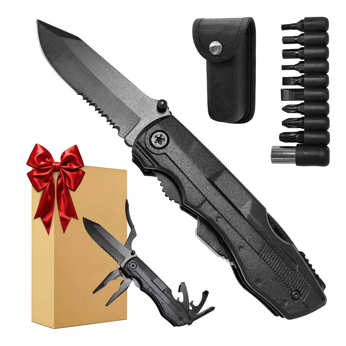 15-in-1 Folding Multitool Knife with Pliers, Screwdriver Bits & Sheath