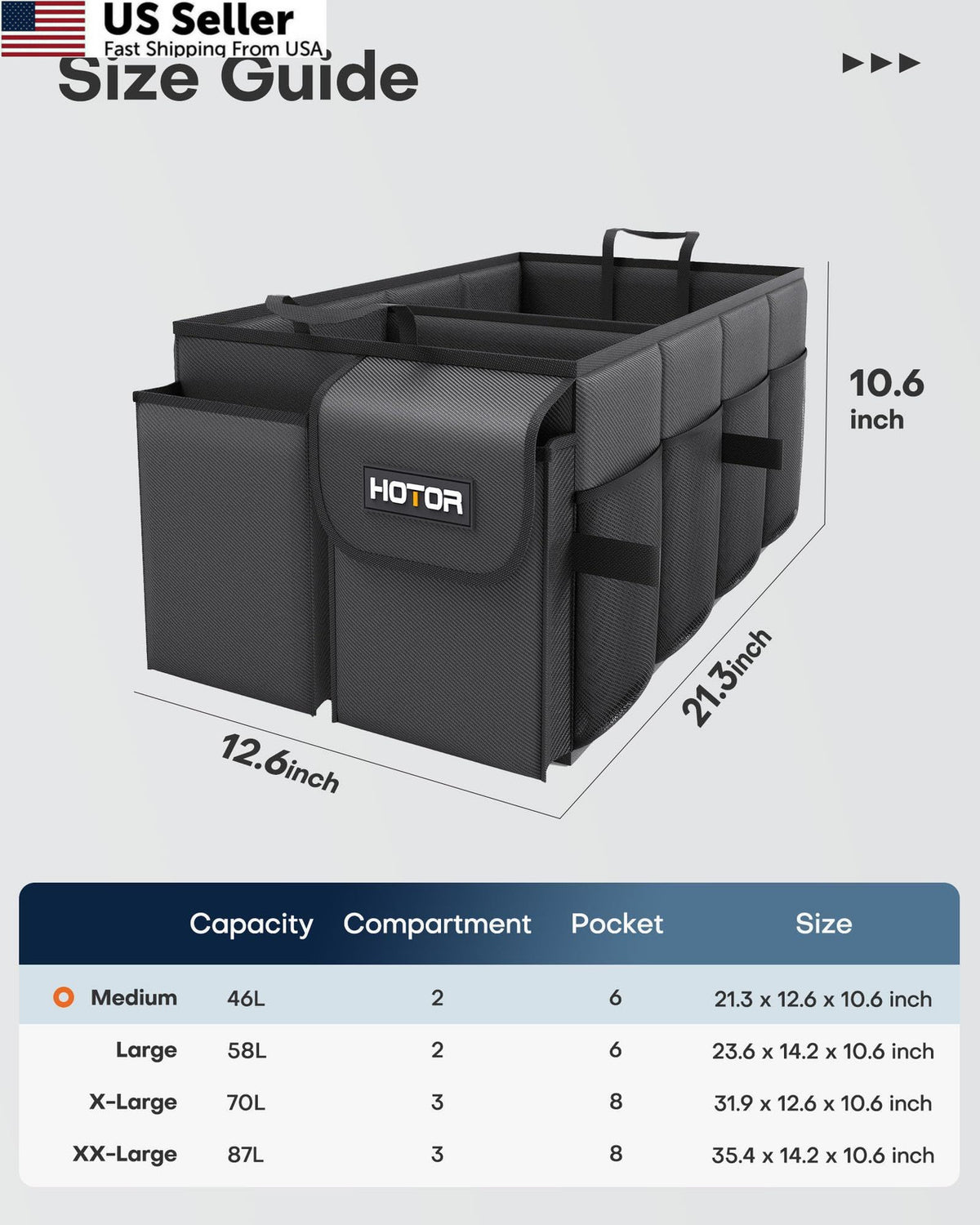 Medium Car Trunk Organizer with 2 Compartments - Durable Black Storage Bin