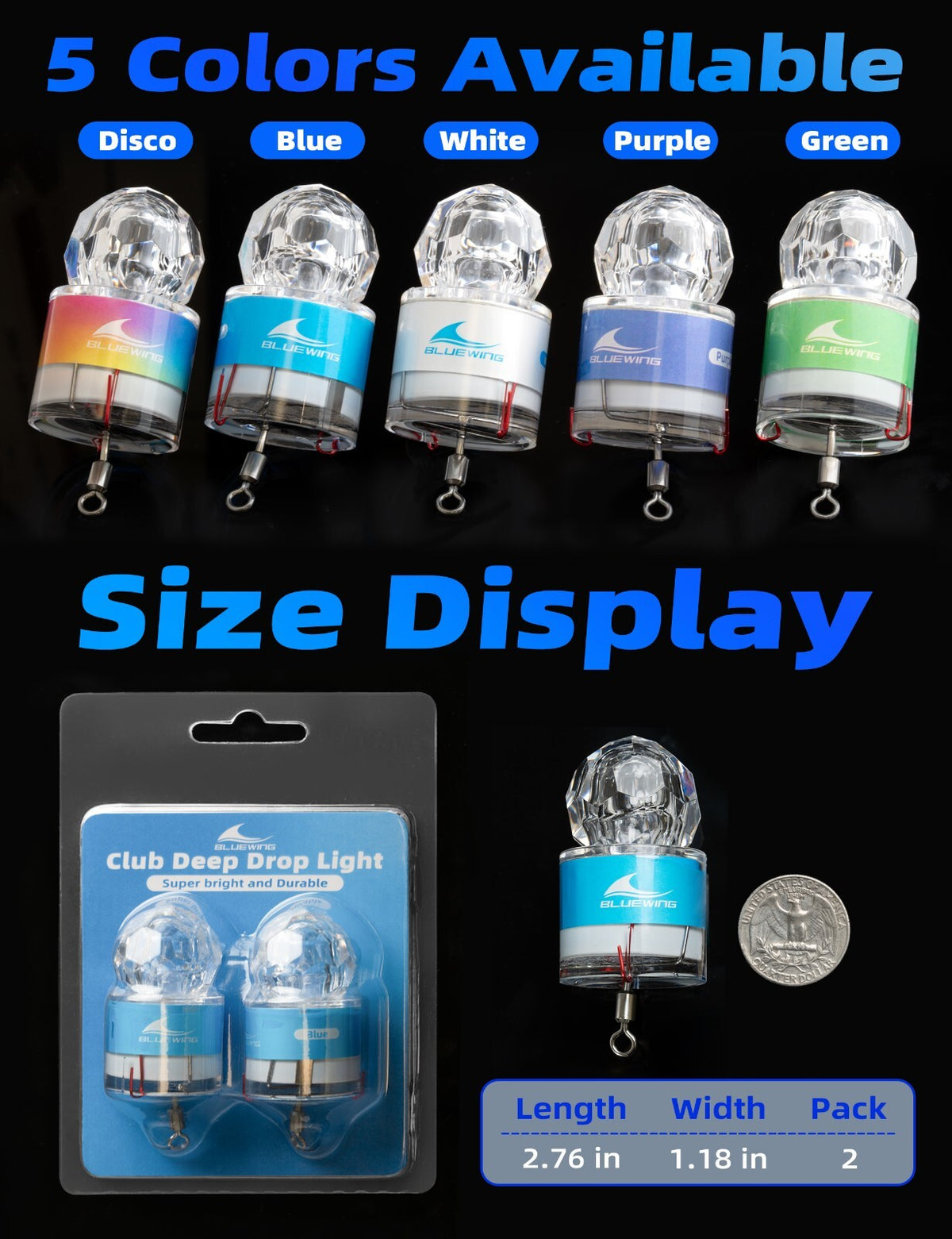 2-Pack Deep Drop Fishing Lights Waterproof LED Submersible Lights for Night Fishing