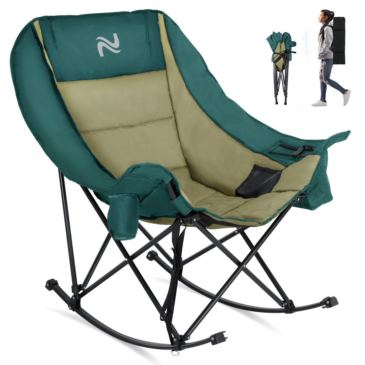 Oversized Folding Rocking Camping Chair with Cooler Bag and Side Pocket
