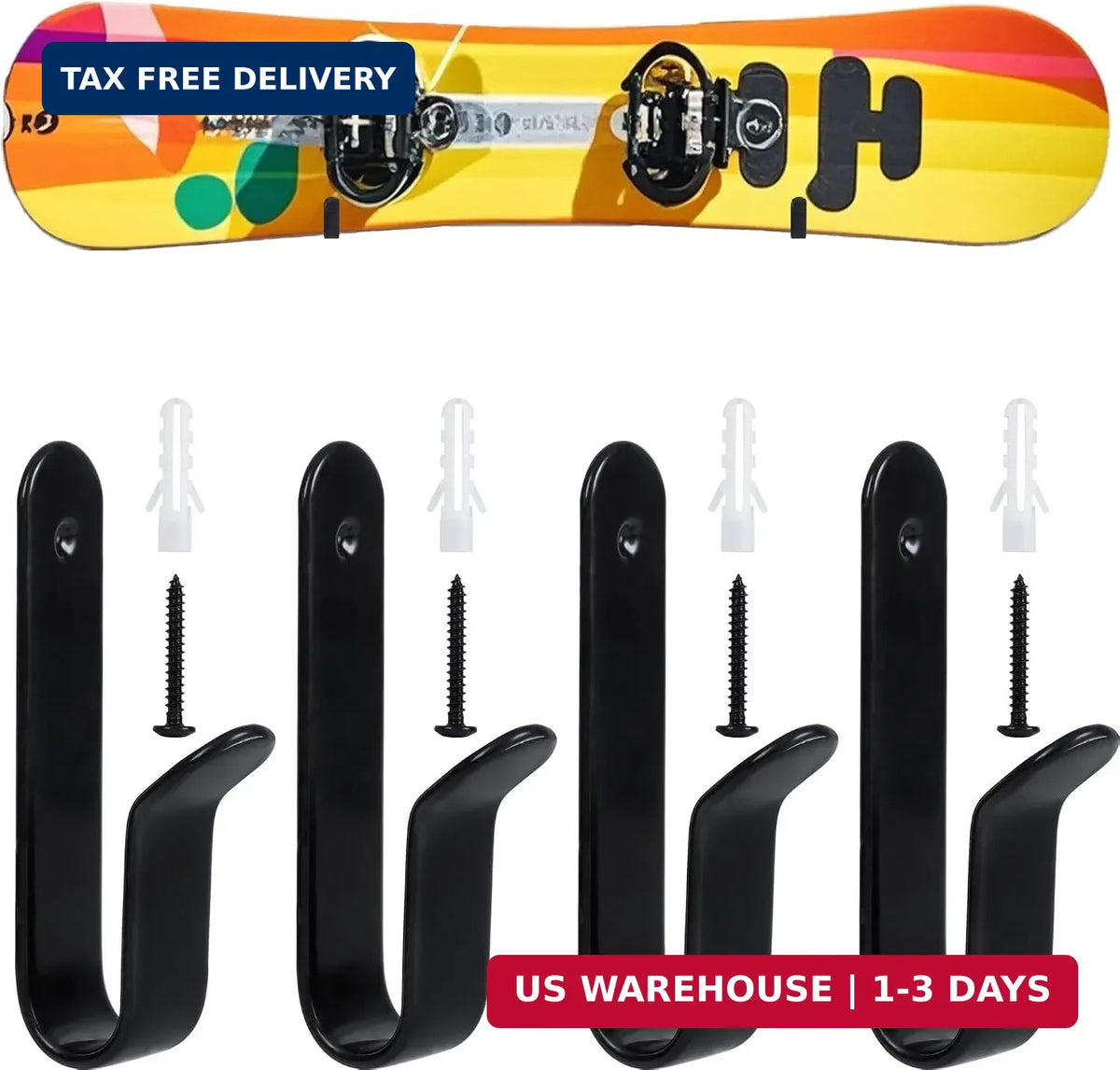 Snowboard Wall Mount Clips - 4 Pack Wall Rack for Snowboards & Skateboards
