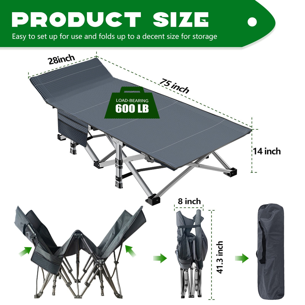 Heavy Duty Portable Camping Cot Bed for Adults - Foldable & Support Up to 600 lbs