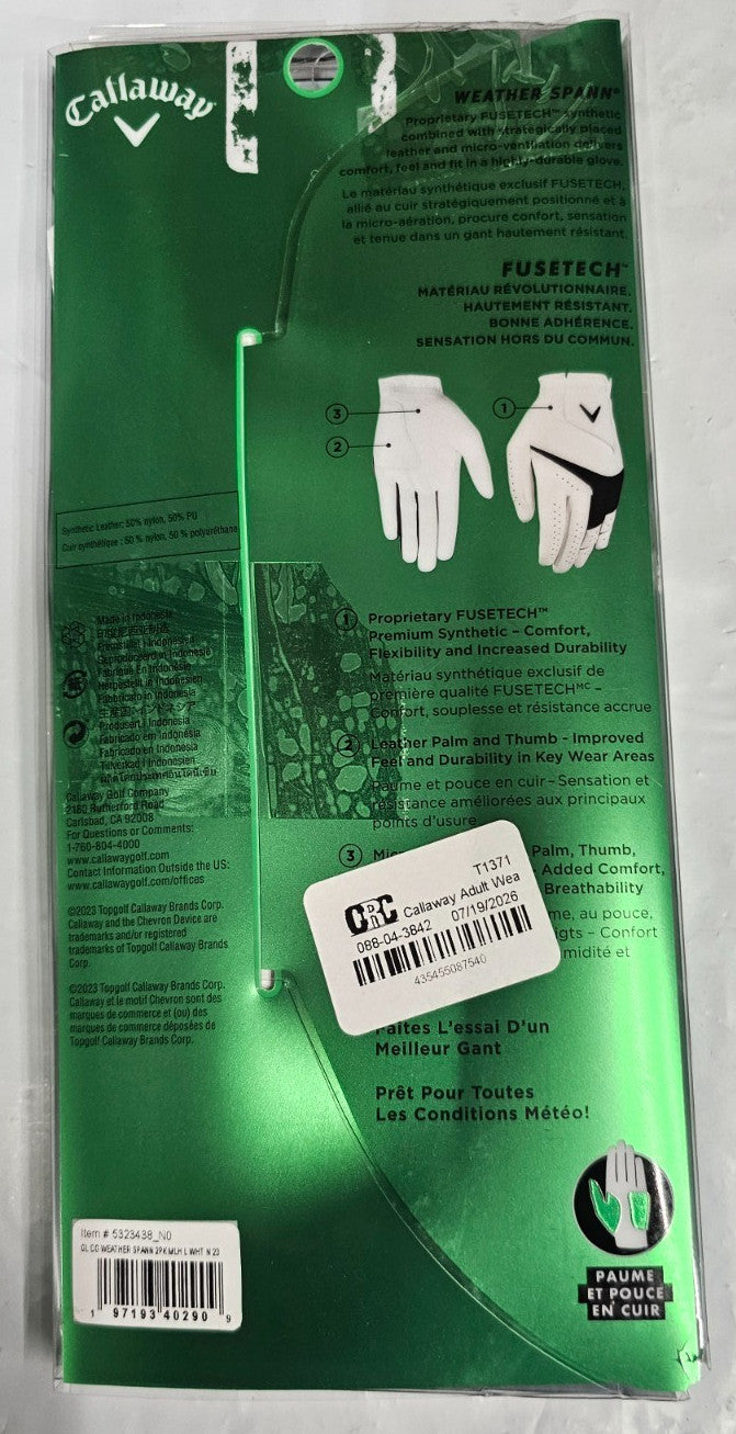 Weather Spann 2023 Golf Gloves 2-Pack - White Left-Handed Performance