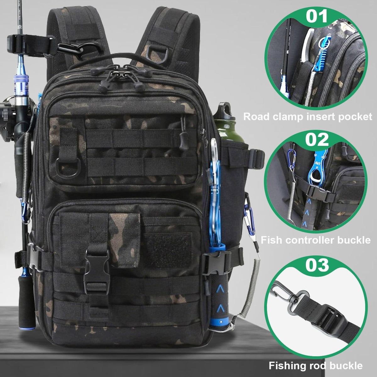 Waterproof Fishing Tackle Backpack with Rod Holder, Multiple Storage Pockets