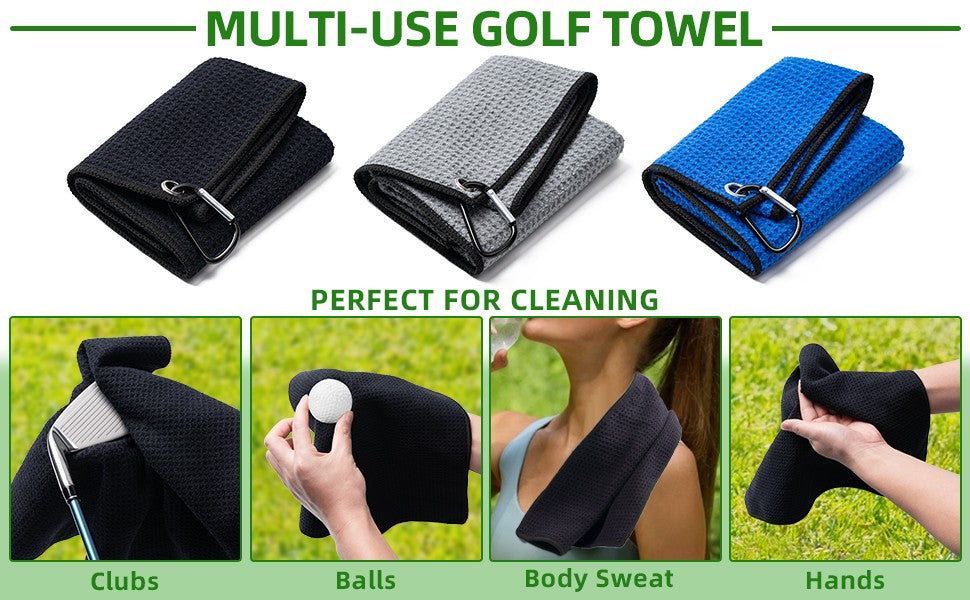 Golf Towels 3 Pack with Carabiner Clip - Microfiber Waffle Design 16x16 Inches