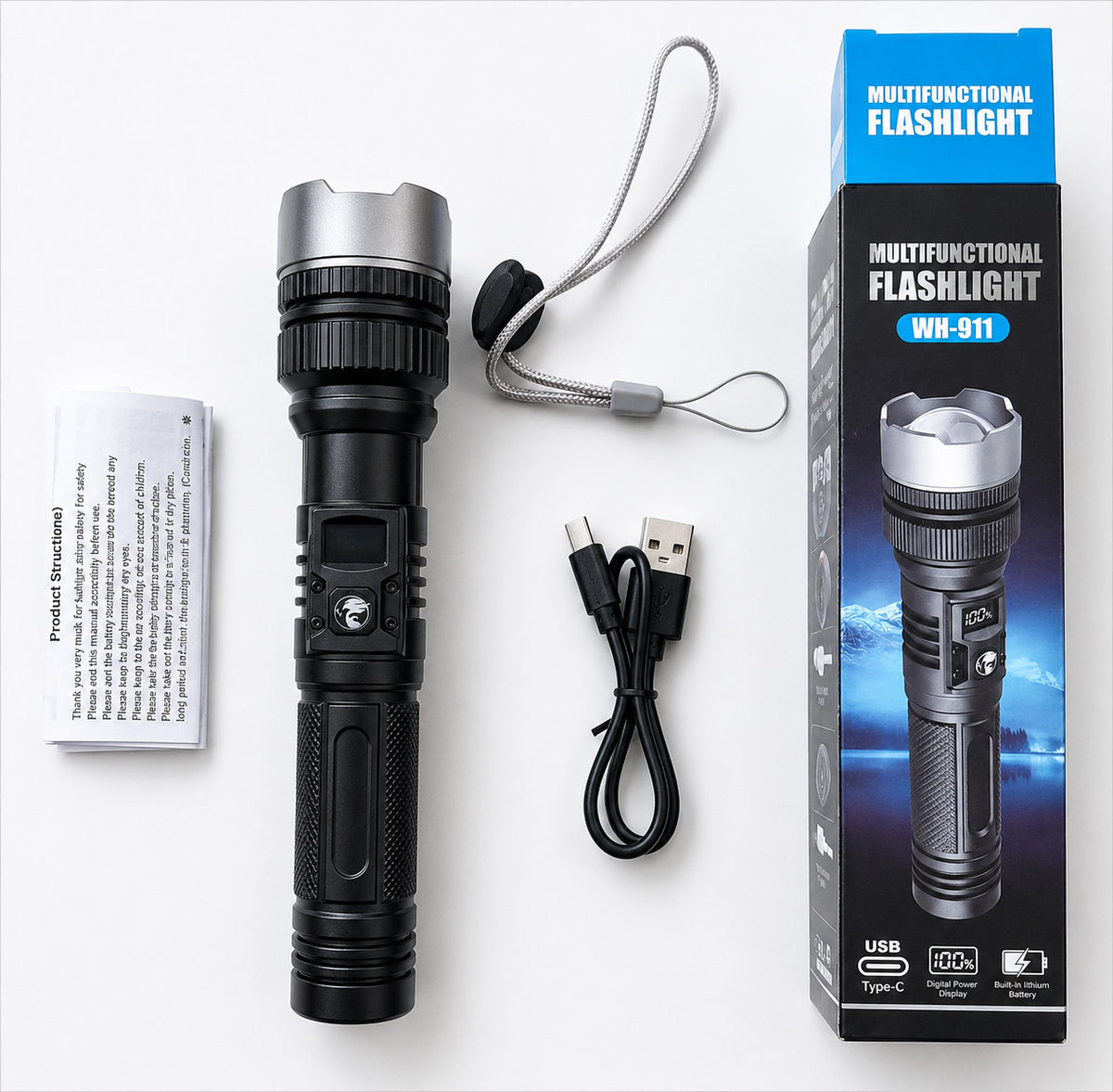 Rechargeable LED Tactical Flashlight Set with LCD Display & Power Bank - 4 Pack