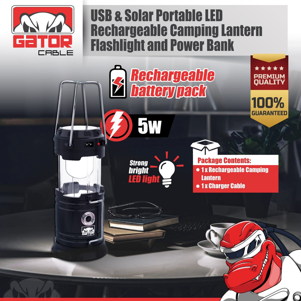 Rechargeable Solar Camping Lantern & Flashlight with Power Bank - 7 LED
