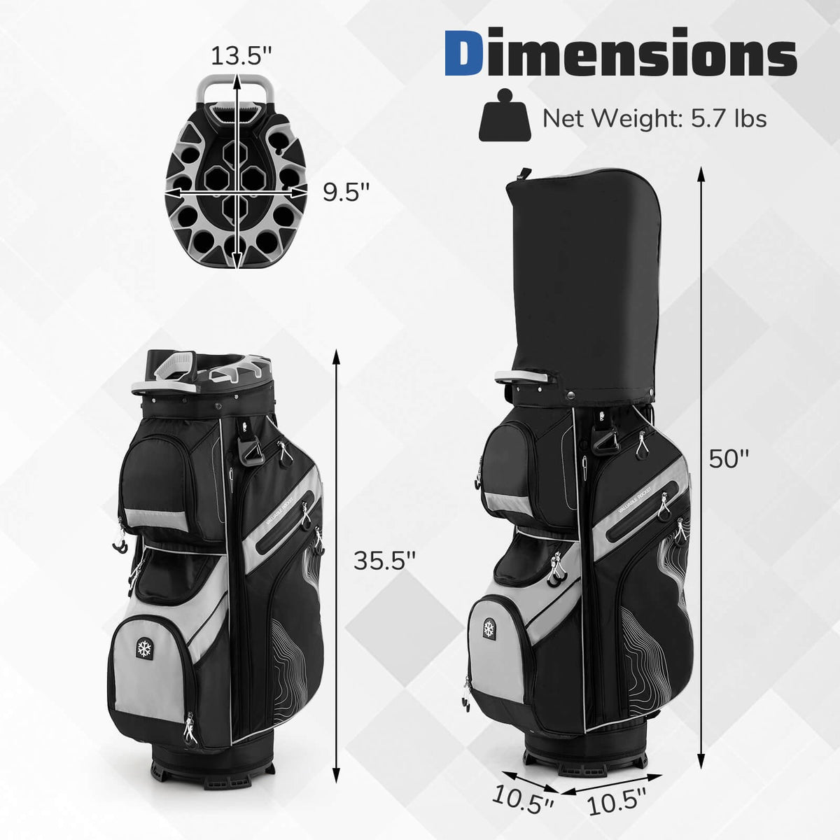 Golf Cart Bag with 14-Way Full Length Dividers and 11 Pockets - Lightweight, Waterproof