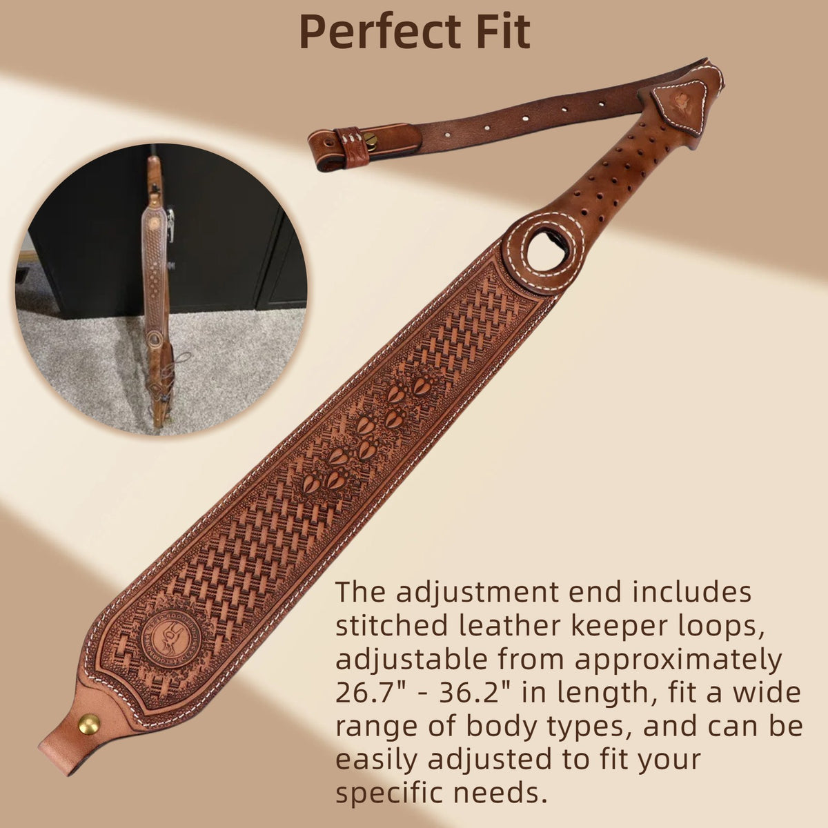 Leather Rifle Sling with Adjustable Strap & Non-Slip Shoulder Grip