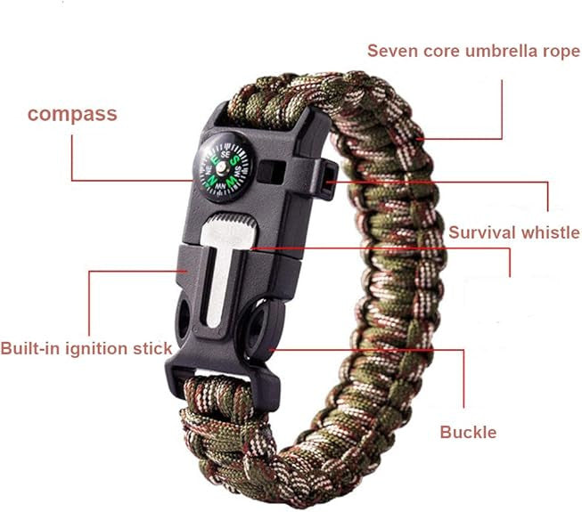 Multifunctional Survival Paracord Wristband with Compass Fire Starter Whistle