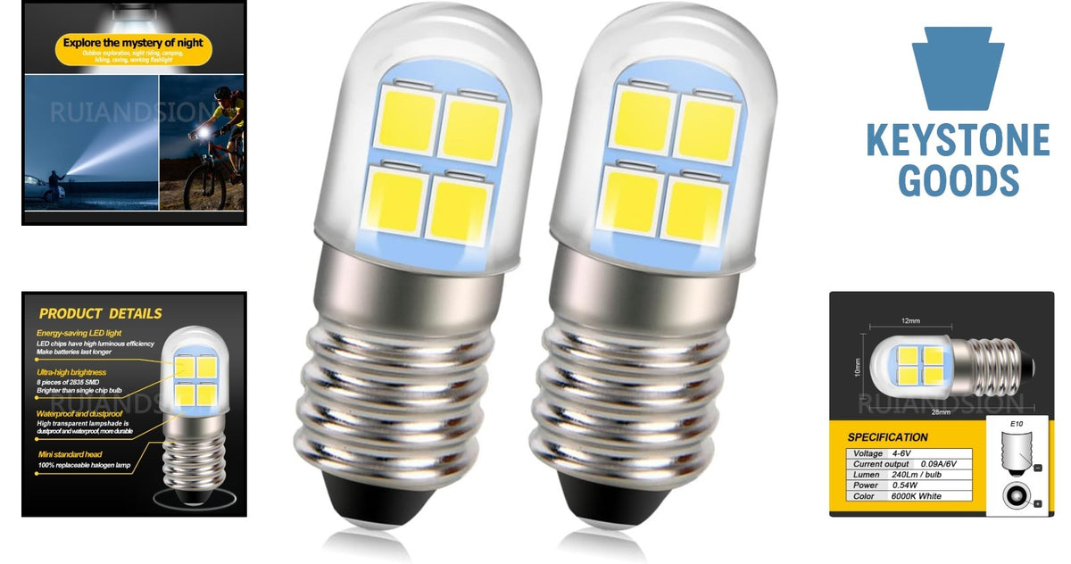 E10 LED Flashlight Bulb 240LM, 4-6V, 2 Pack for Camping & Bike Lights