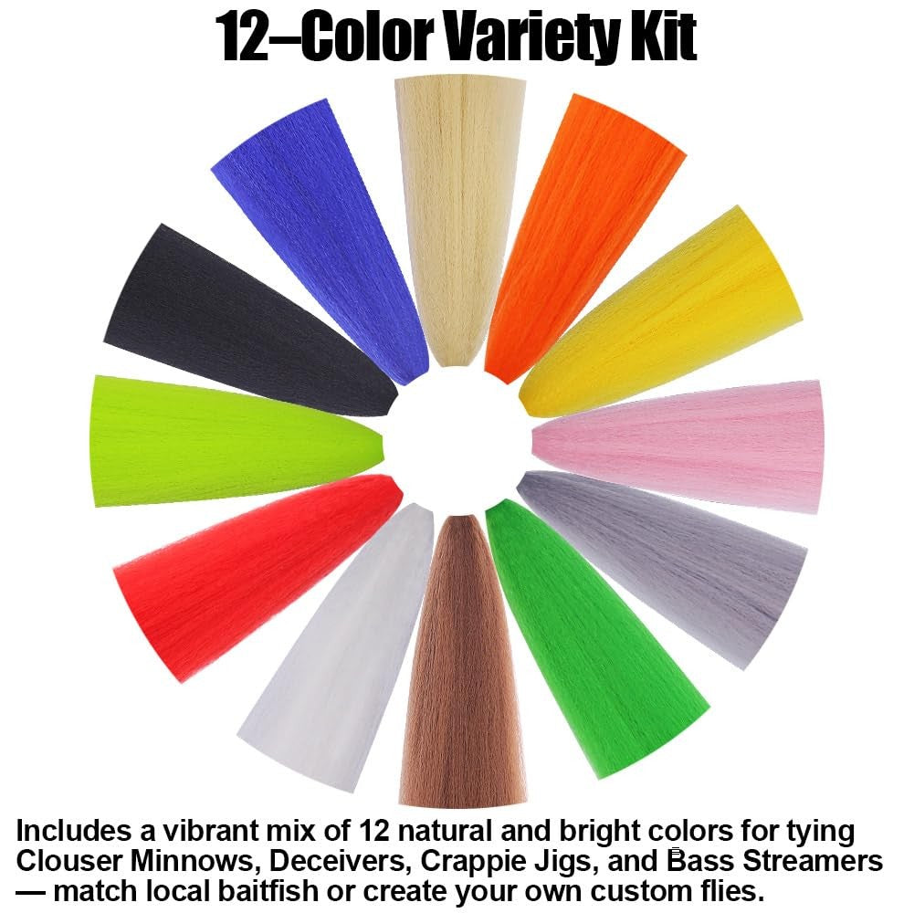 Fly Tying Materials Kit with Synthetic Bucktail Hair - 12 & 16 Colors