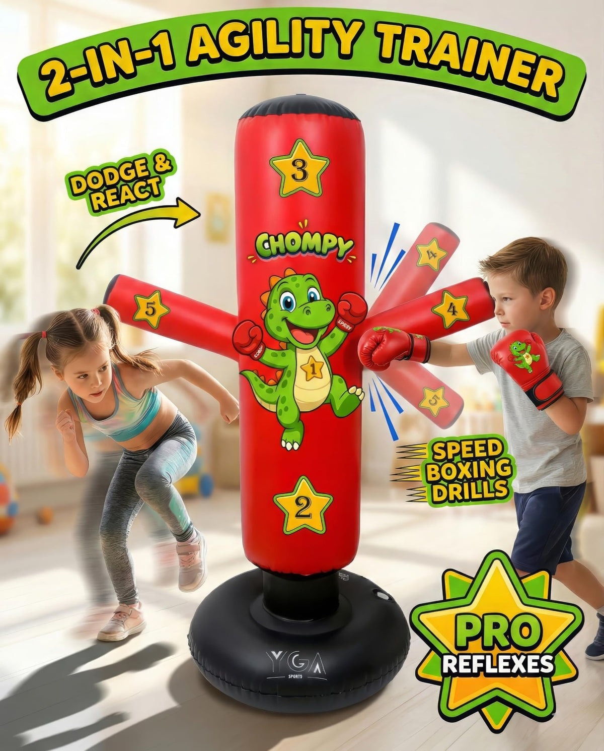 Kids Punching Bag 48 Inch Dino Dinosaur with Gloves for Martial Arts Play