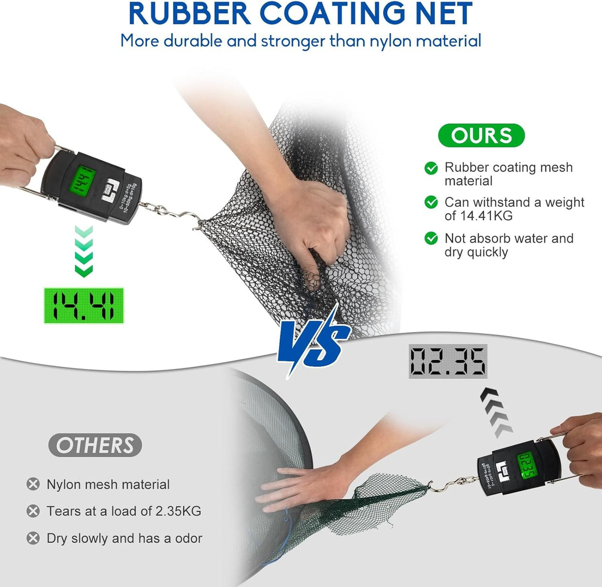 Foldable Heavy Duty Fishing Net with Rope - Rubber Coated Landing Net for Minnows