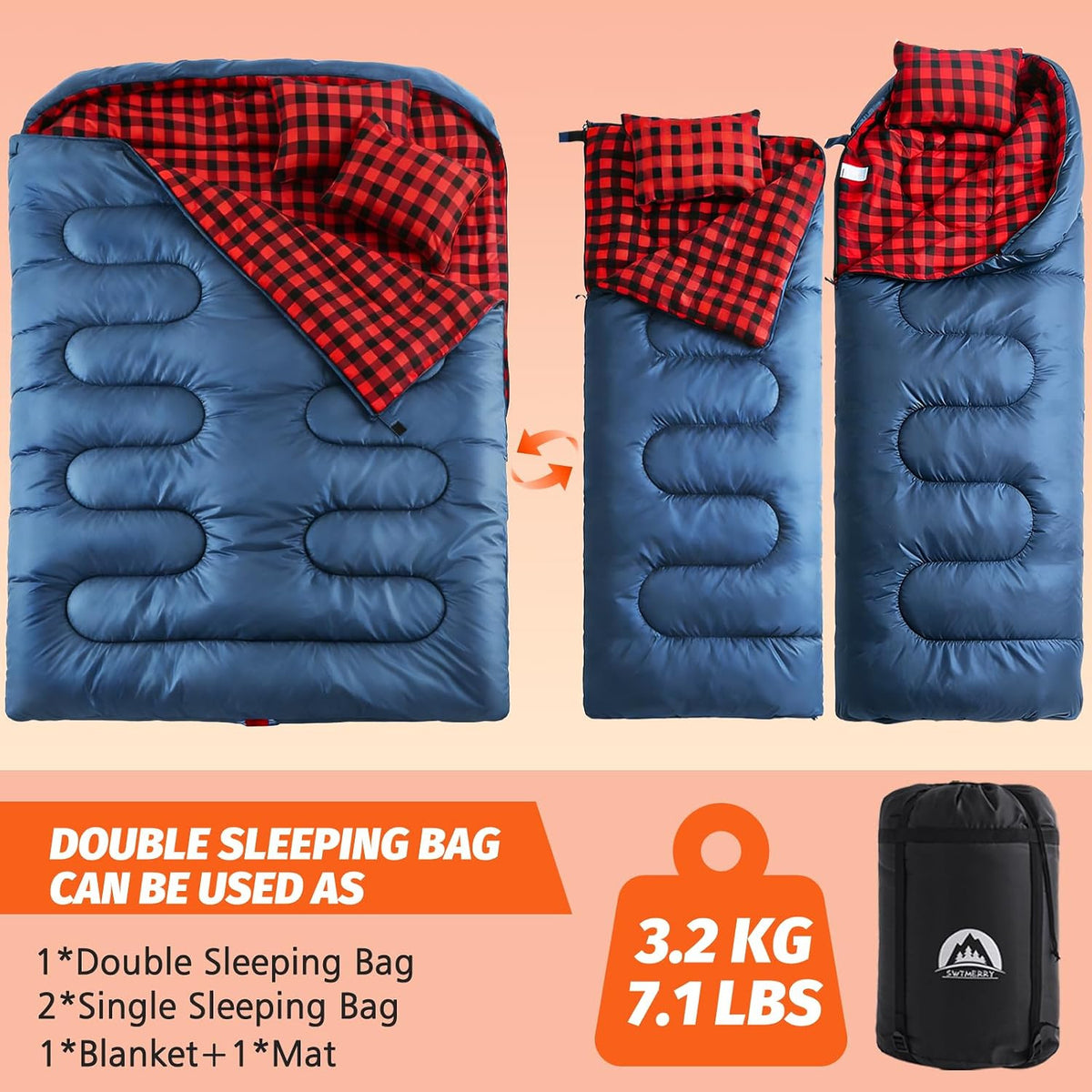 Double Sleeping Bag for Adults with 2 Pillows XL Queen Size Waterproof Camping Bed