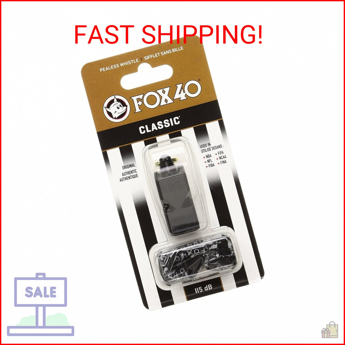 Fox 40 Classic Official Whistle with Break Away Lanyard - Black