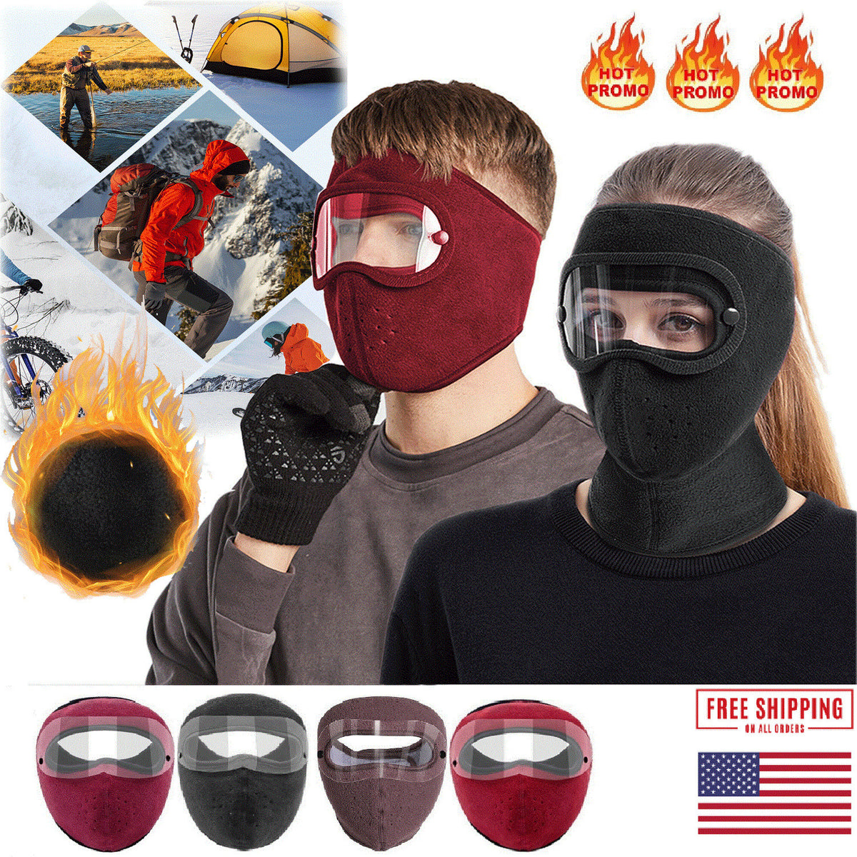 Windproof Warm Face Mask with Detachable Anti-Fog Goggles Unisex