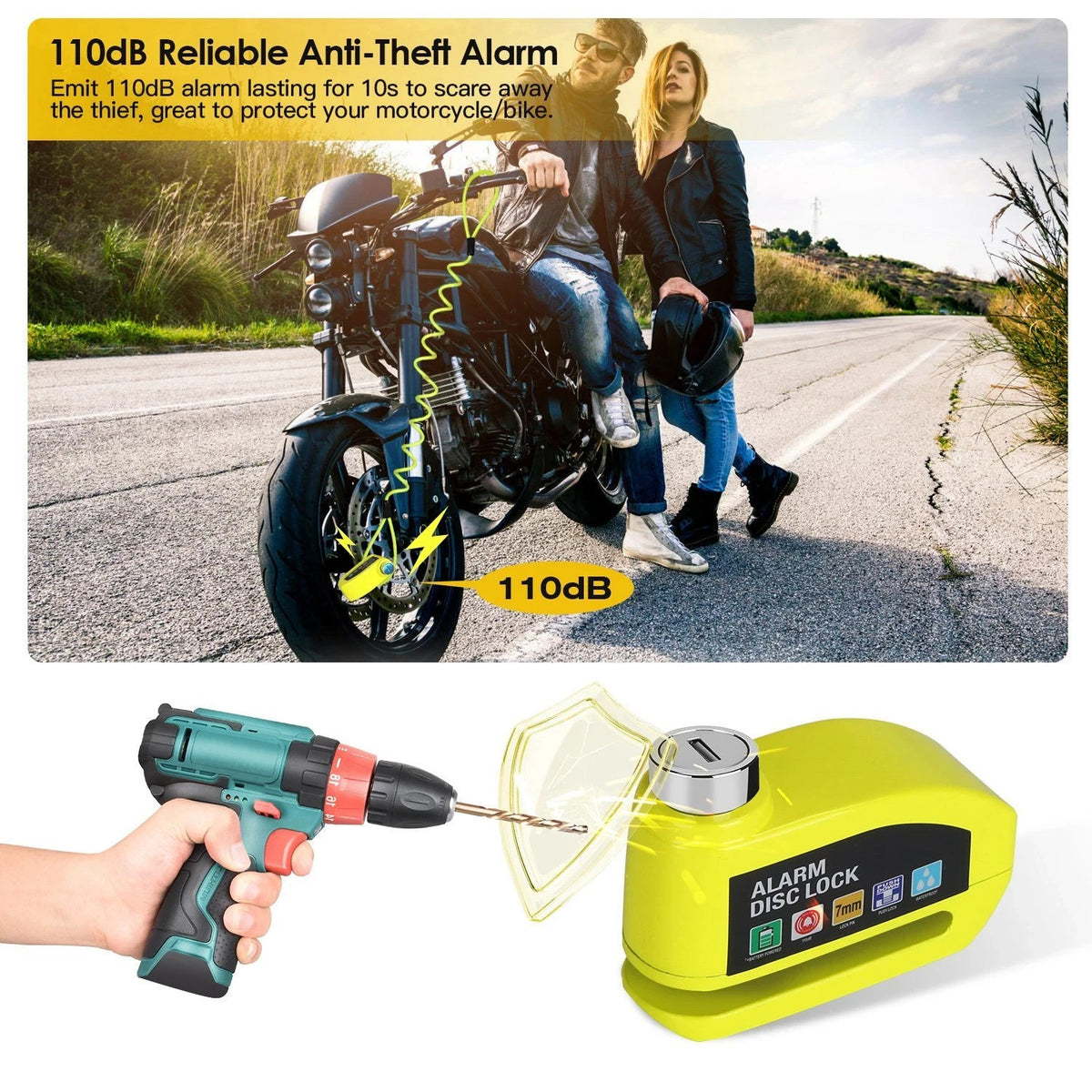Waterproof Motorcycle Disc Brake Lock with Alarm and Reminder Cable