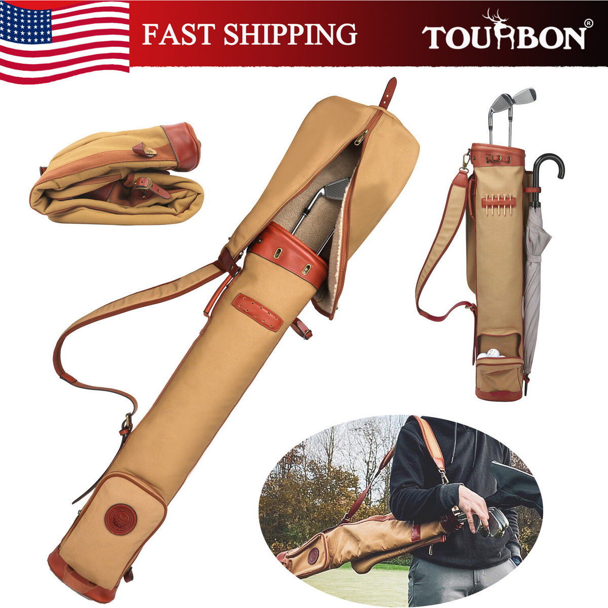 Vintage Canvas Leather Golf Bag with Padded Straps and Accessories