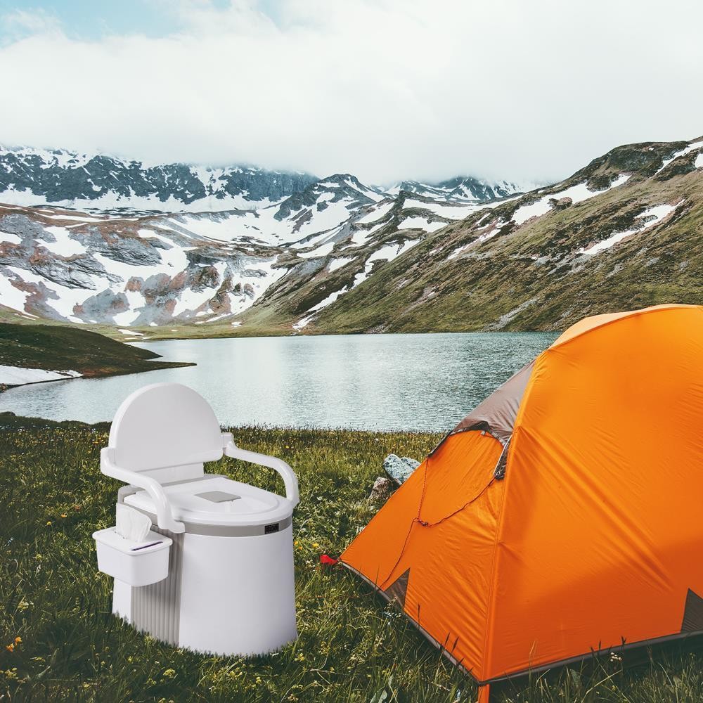 20L Portable Outdoor Camping Toilet with Handrails, Waste Bucket & Tissue Box