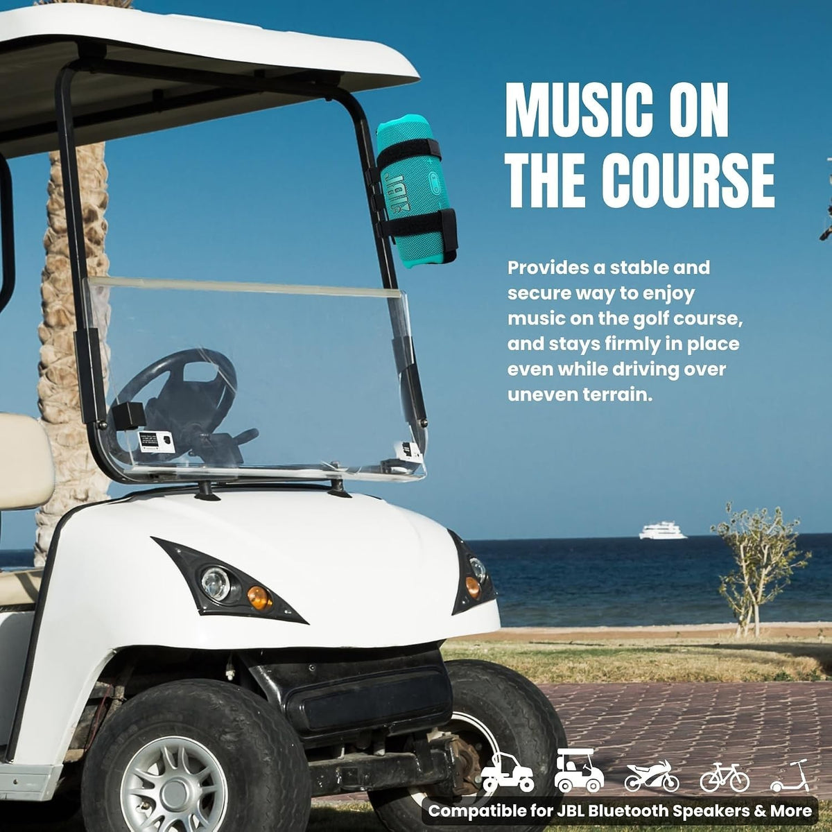 Golf Cart Bluetooth Speaker Mount - Heavy Duty Railing Strap for Portable Speakers