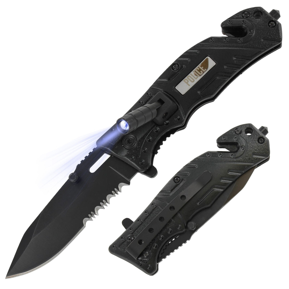Emergency Tactical Knife with LED Light, Glass Breaker & Seat Belt Cutter