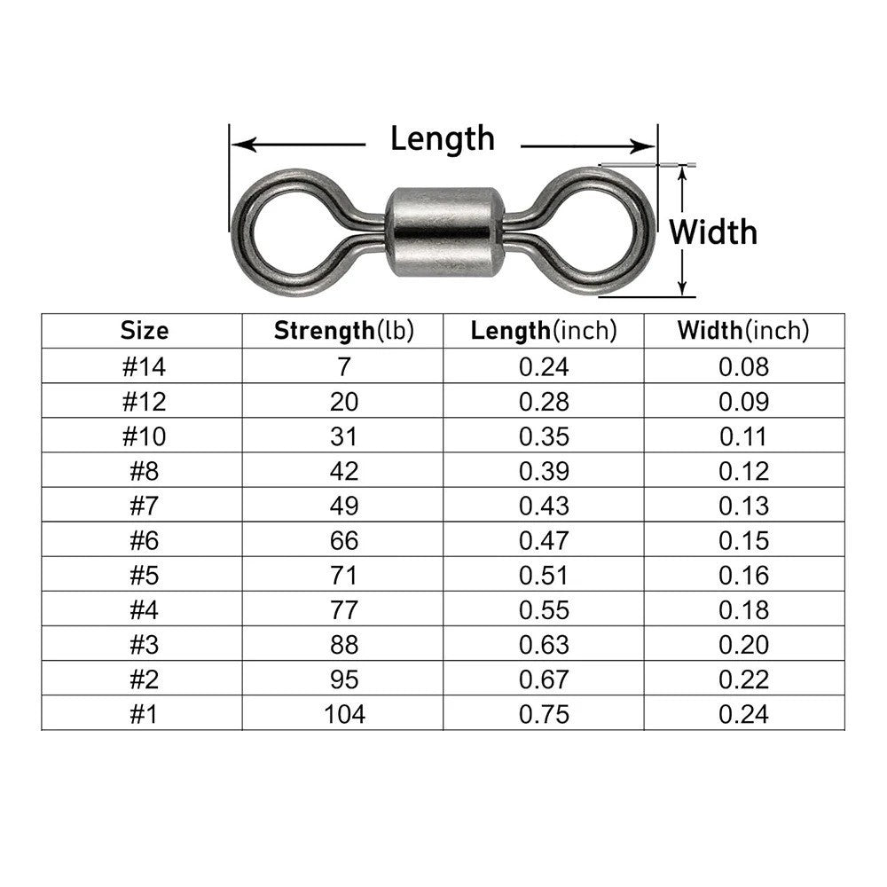 50x Stainless Steel Fishing Swivels with Solid Ring - Rolling Barrel Type