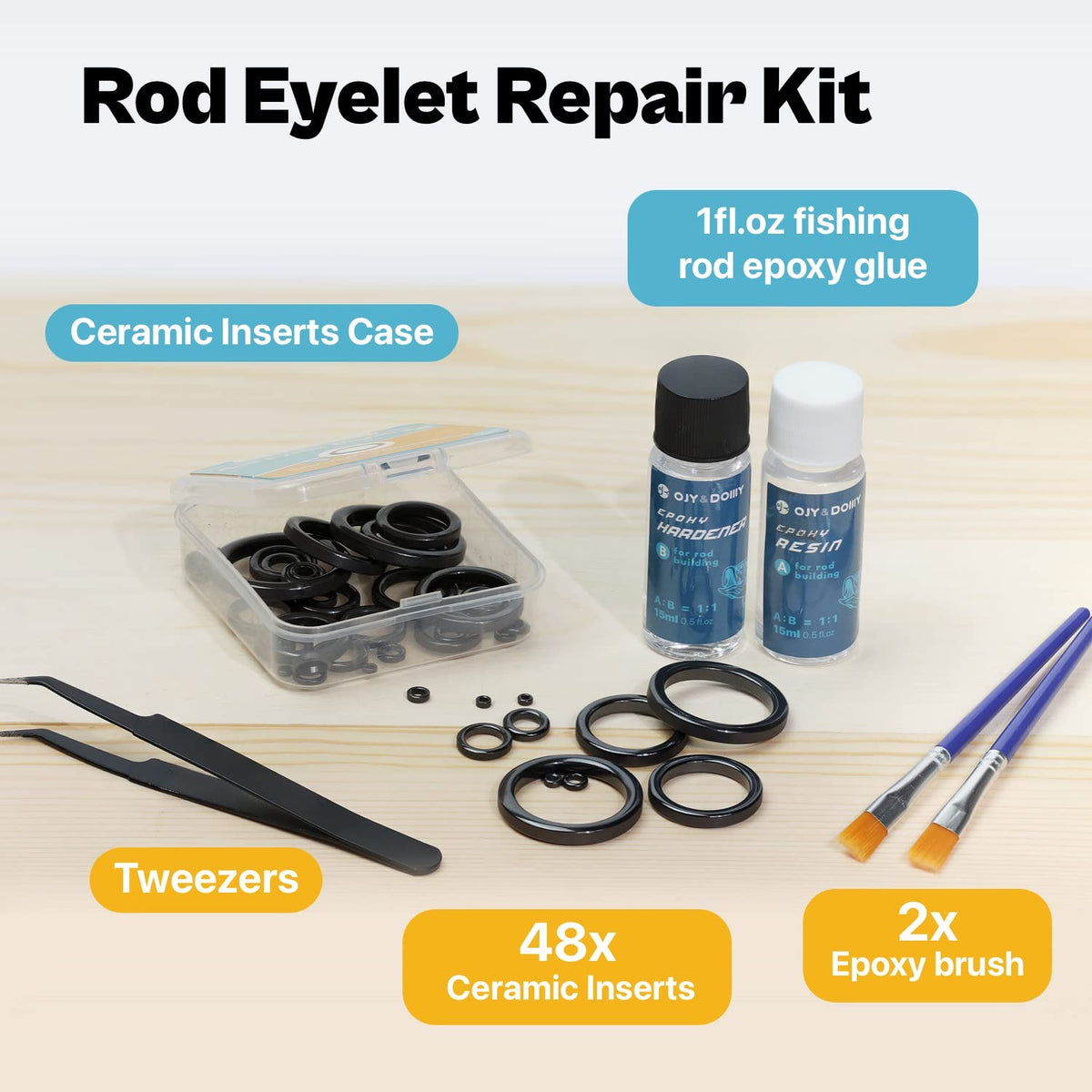 Fishing Rod Repair Kit with Ceramic Eyelet Inserts - 52 Rings & Epoxy Glue
