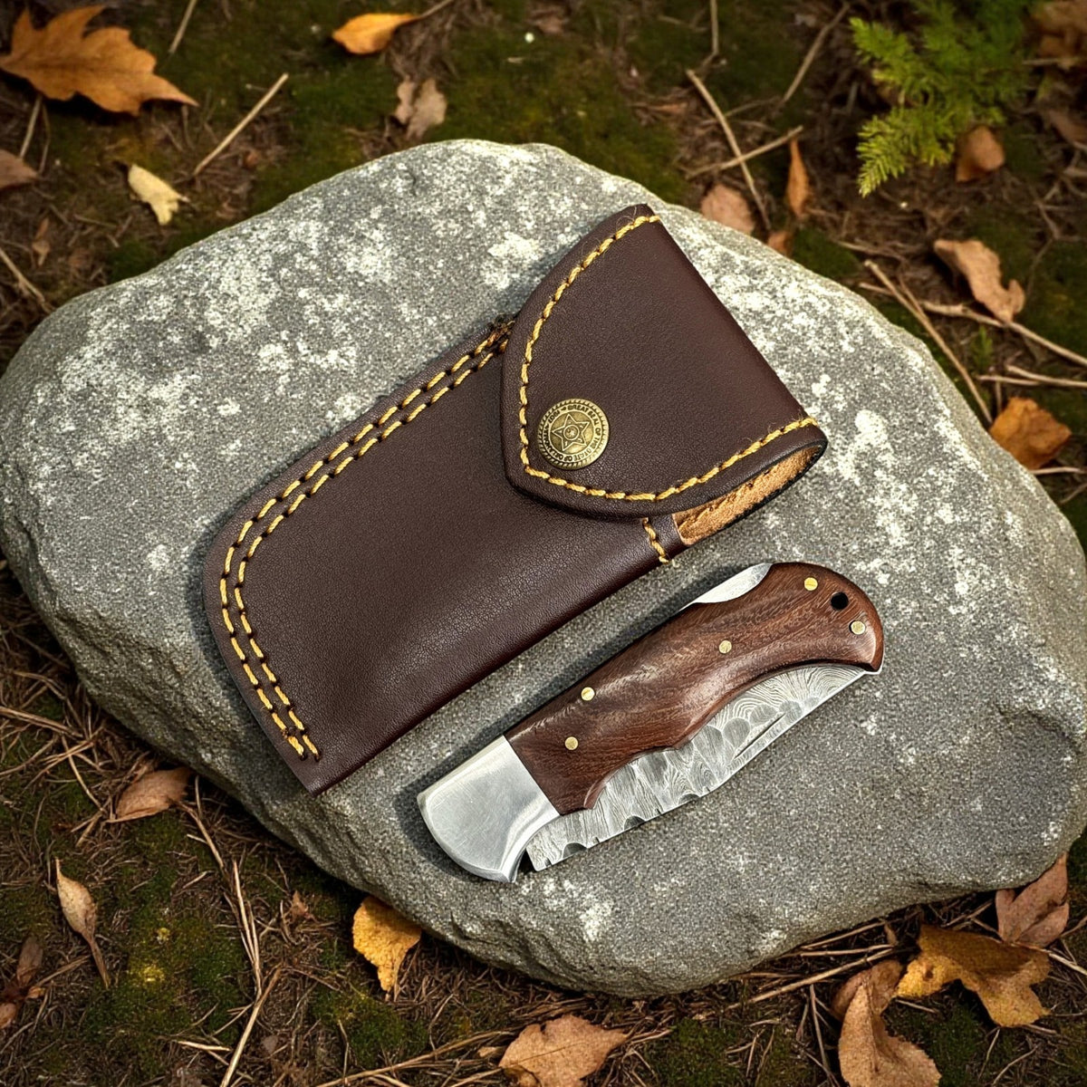 Personalized Damascus Folding Pocket Knife with Rosewood Handle