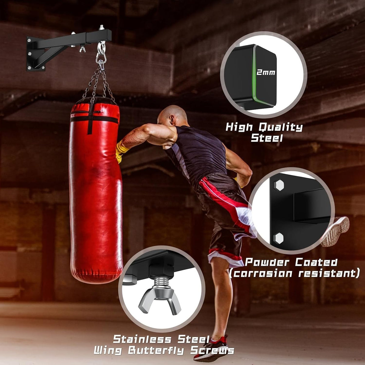 Heavy Bag Wall Mount Bracket for Boxing MMA Muay Thai Training - Adjustable 17-25 Inches, Supports 500 lbs