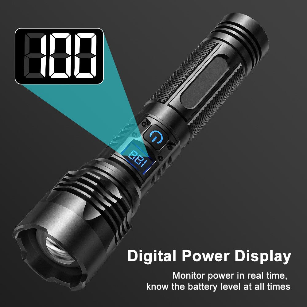 Rechargeable LED Tactical Flashlight with Zoom & Power Display - 20W, 500m Range