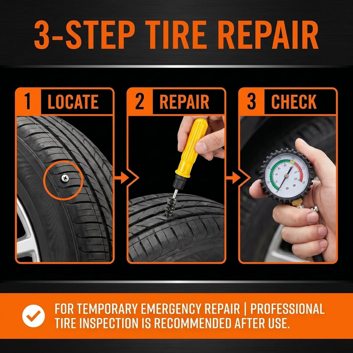 Automotive Tire Repair Kit with 60 Self-Drilling Screw-in Plugs & Screwdriver