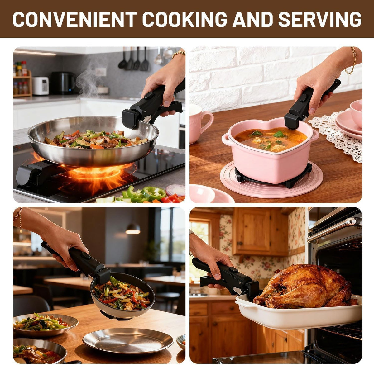 Removable Pot Handle Set - Universal Detachable Black Handles for Pots and Pans