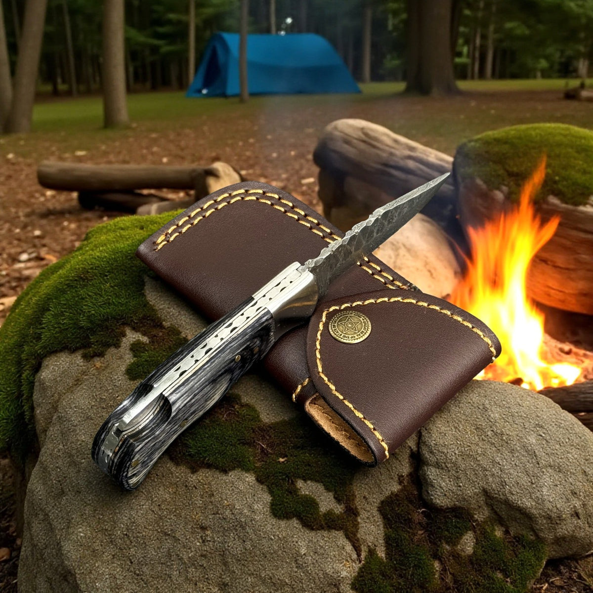 Handmade Damascus Folding Knife with Carved Pattern Blade and Wood Handle