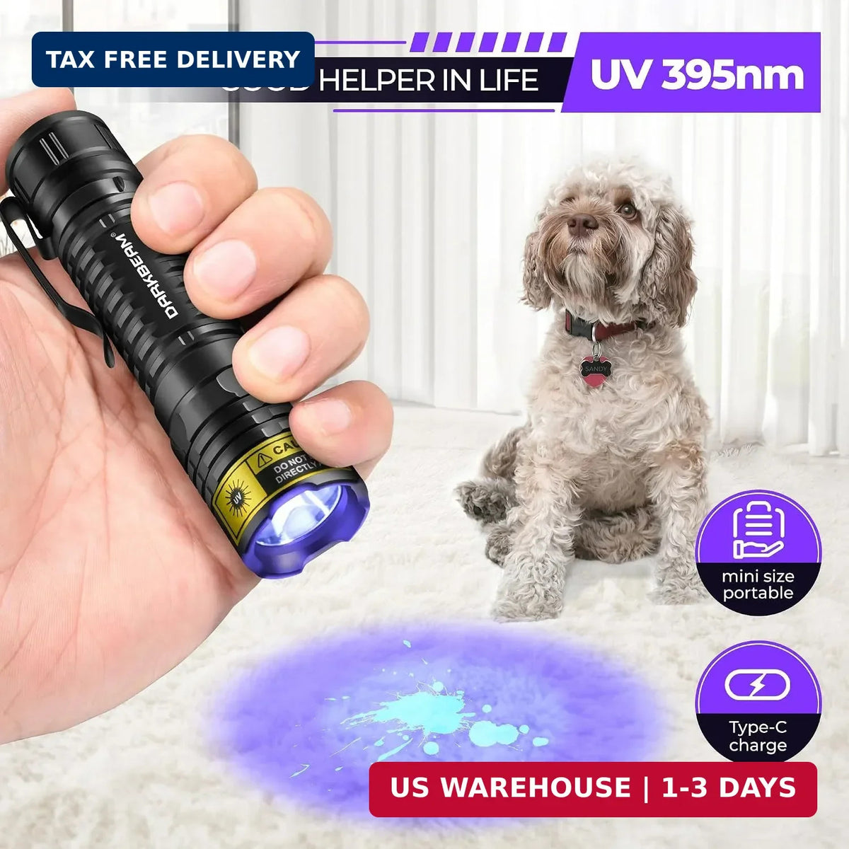 Mini UV Blacklight Flashlight 395nm Portable UV Torch for Detecting Urine Glass Minerals