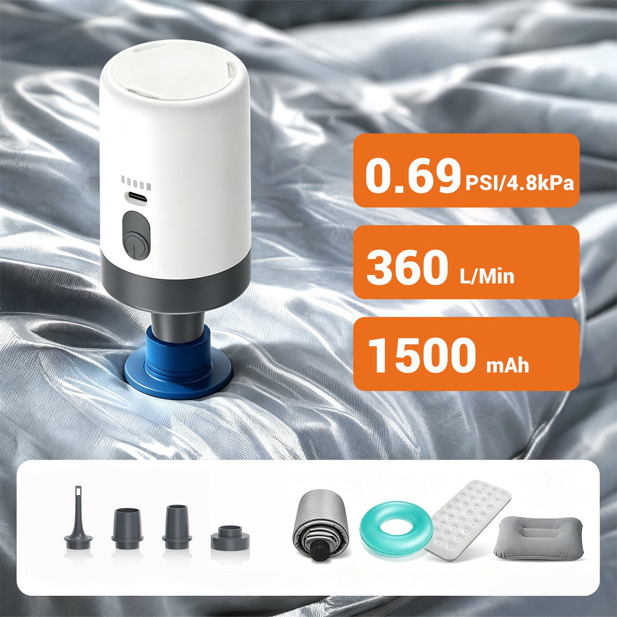Portable Electric Air Pump 1500mAh for Inflatable Items, Camping & Home Use