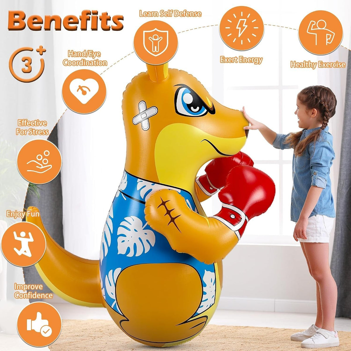 Kangaroo-Themed Inflatable Punching Bag for Kids, Active Sensory Play, 50 Inches