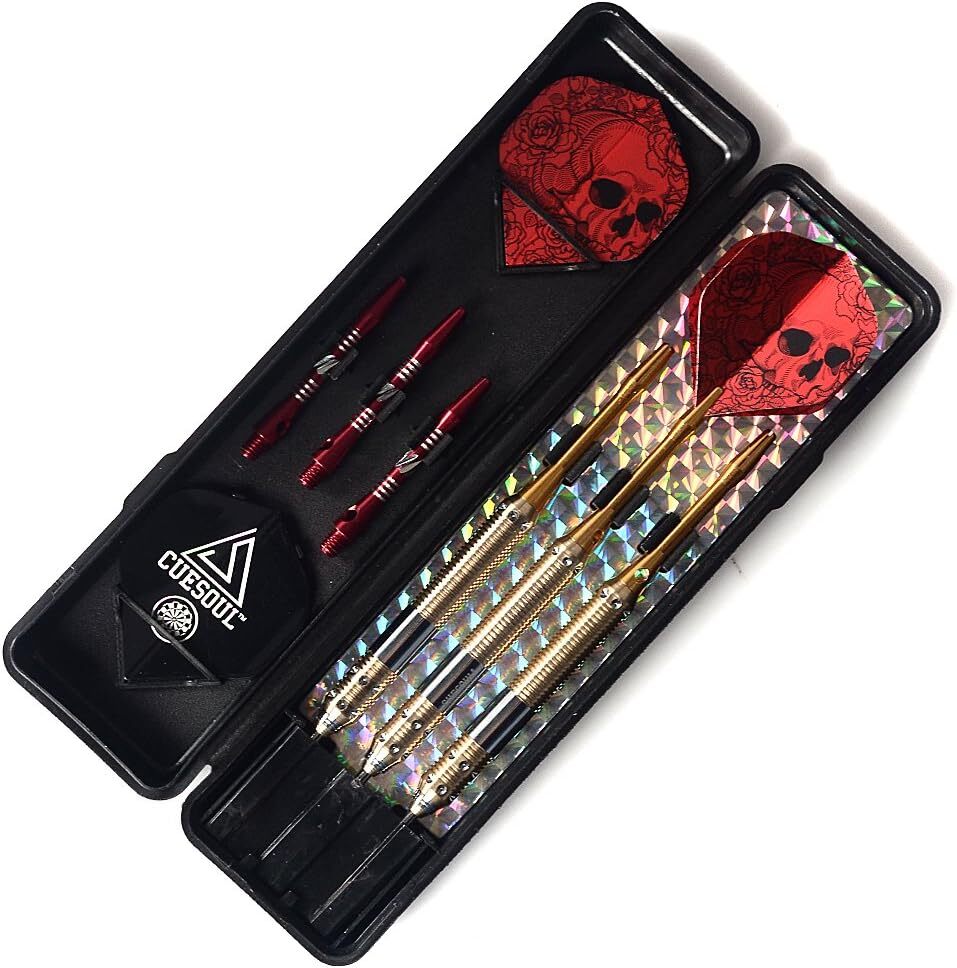 Dragon Series 21g Steel Tip Darts Set - Red Brass Barrels, 3 Darts + 6 Shafts & Flights