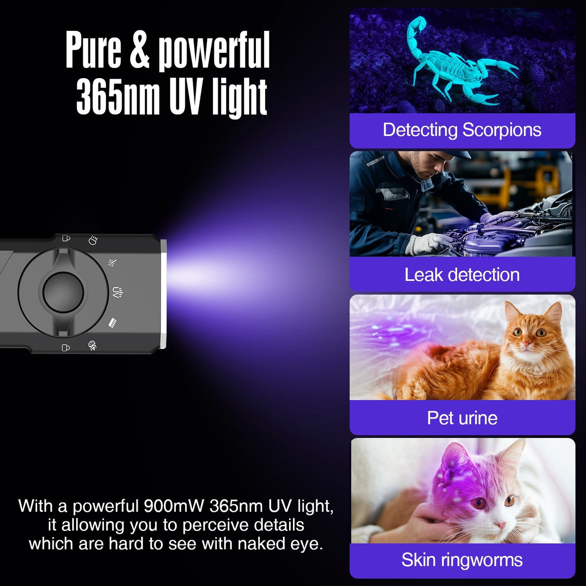 Aluminum LED Flashlight with Green Beam Purple LED Multi-Function Utility Light